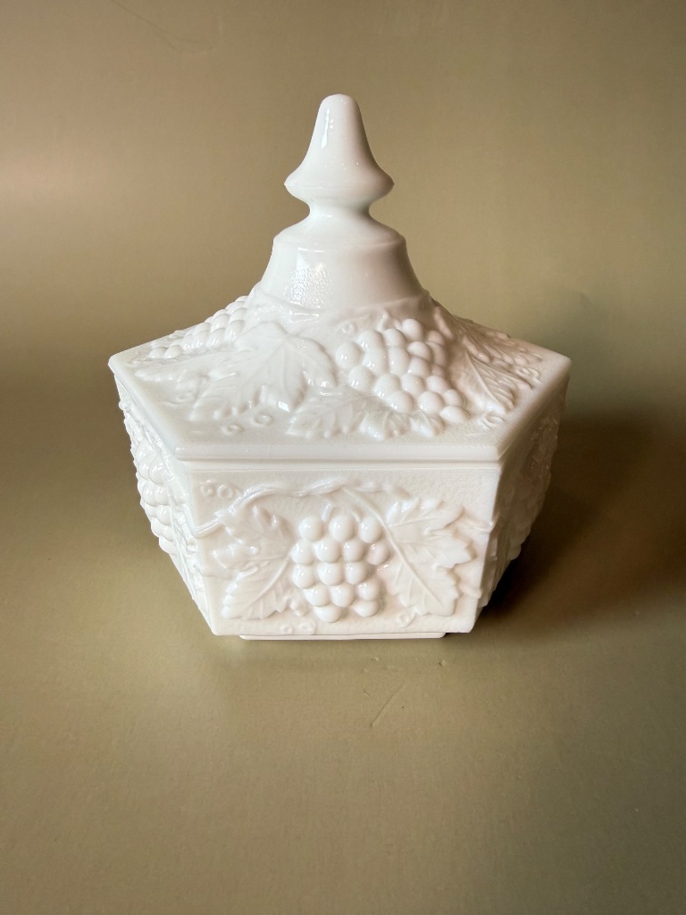 Imperial Glass Milk Glass Paneled Grape Lidded Candy Dish | Grapes & Leaves - Picture 6 of 9